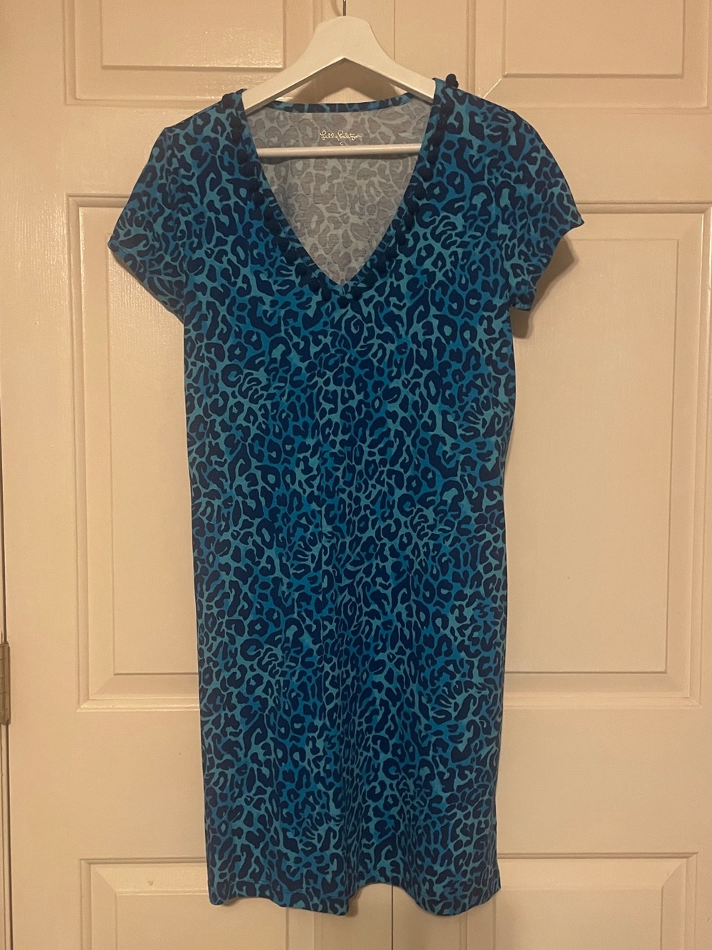 Lilly Pulitzer Blue Leopard Print V-Neck Dress with Pom Pom Trim | Coastal